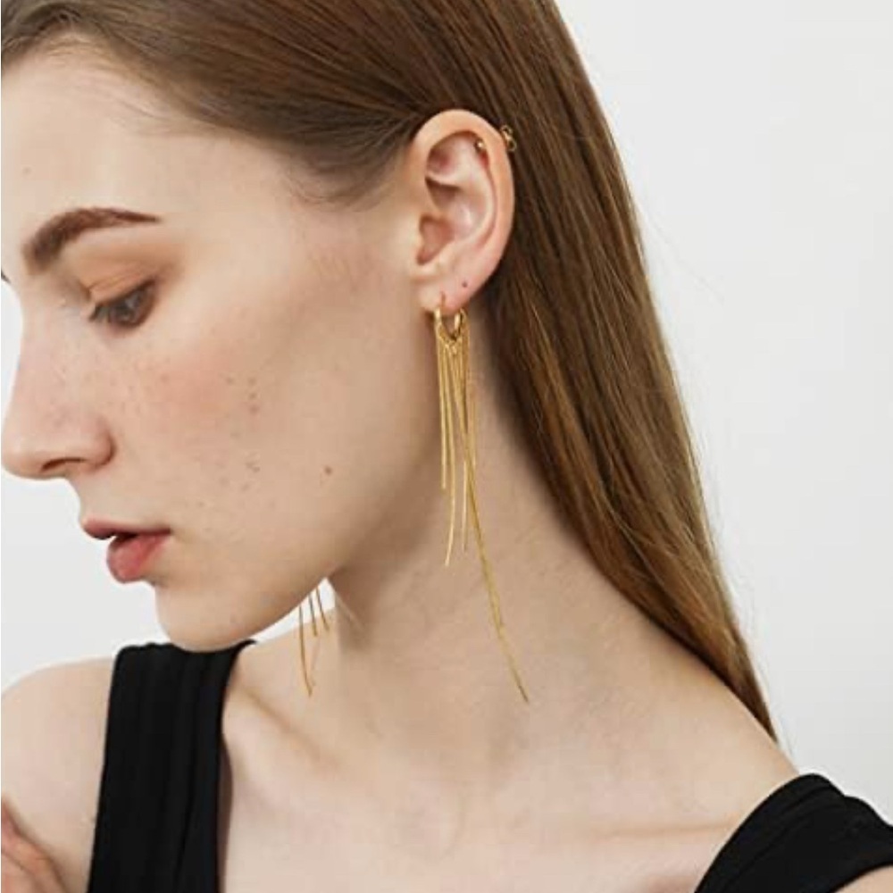 Shimmering 18k Gold Plated Tassel huggie hoop drop earrings. New.